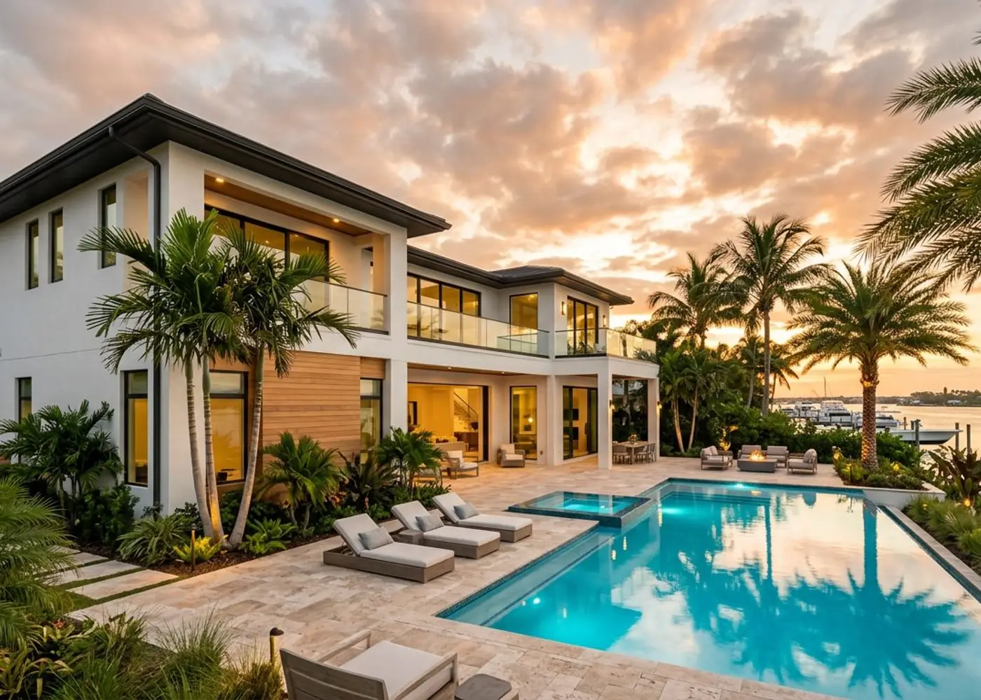 Modern Florida waterfront home with a pool at sunset